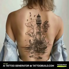 a woman's back with a lighthouse tattoo on it