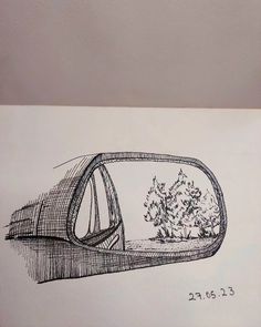 a drawing of a car's rear view mirror with trees in the back window