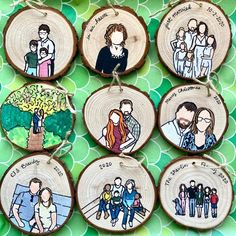 six wood slices with pictures of people hanging from them on a green and white background