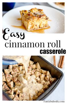 easy cinnamon roll casserole recipe with text overlay