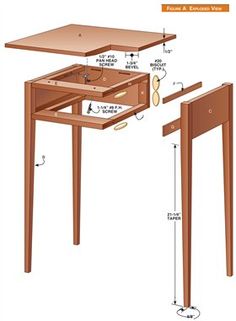 an image of a wooden desk with drawers and measurements on the top, side view