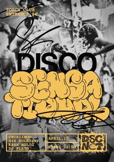 an advertisement for disco dance with the words disco dancing in yellow and black on it