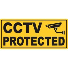 a yellow and black sign that says cctv protected with a camera on the bottom