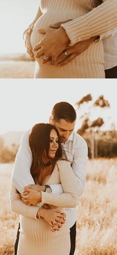 a couple embracing each other in the middle of a field