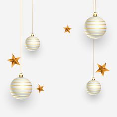 three white and gold christmas balls hanging from strings with golden stars on the top, against a light gray background