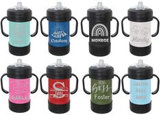 six different colored coffee mugs are shown with the same logo on each one cup