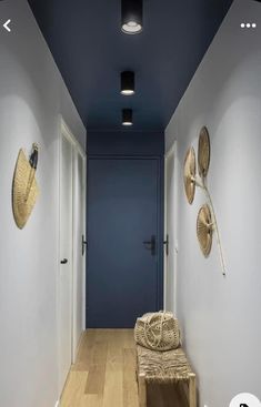 a hallway with blue walls and wooden flooring