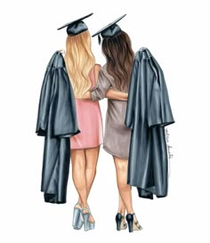 two women in graduation gowns are standing next to each other with their arms around one another