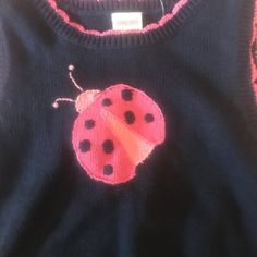 a sweater with a ladybug on the front and pink trim around the neck