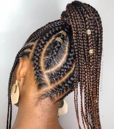 Ponytail Goddess Braids with Gold Cuffs Two Goddess Braids, Goddess Braid Ponytail, Goddess Braid Styles, Goddess Braid, Braid Hairstyle Ideas, Lemonade Braids, Braids Ponytail, Traditional Hairstyle