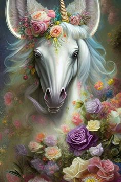 a painting of a white unicorn with flowers on it's head, surrounded by roses