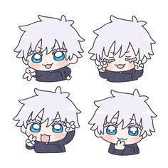 four different anime avatars with blue eyes and white hair, one is pointing at the camera