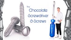 the chocolate screwdriver and screws are in front of a man standing next to them