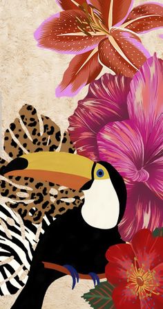 a painting of a toucan and flowers on a beige background with zebra print