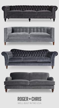 three different styles of couches and loveseats with the names roger & christ well built in the usa