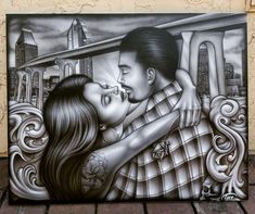 a painting of a couple kissing in front of a cityscape