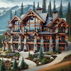 a large wooden and stone house in the mountains