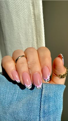 Zebra Print Tip Nails, Zebra Tips Nails, Zebra And Pink Nails, Summer Zebra Nails, Zebra Gel Nails, Pink And Zebra Nails, Almond Zebra Nails, Zebra Print French Tips, French Tip Pattern Nails