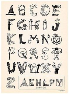 an old fashioned halloween alphabet is shown in black and white