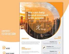 a brochure with an orange and white design on the front, side and back