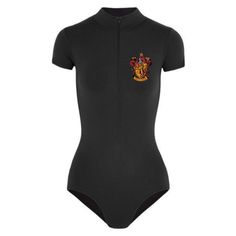 a women's bodysuit with the hog potter crest on it, in black