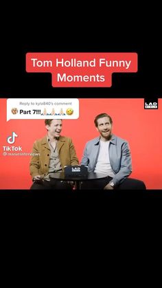 two men sitting next to each other in front of a red background with the words tom holland funny moments