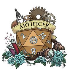 an artificer logo with flowers and gears on it, surrounded by other items