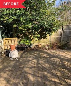 before and after photos of a backyard patio with brick pavers, tree stumps, and lawn chairs