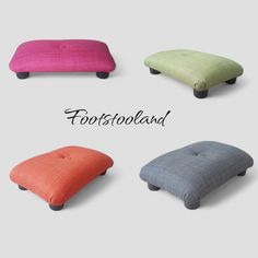 four footstools in different colors and sizes, with the word footstoolland written