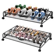 two tiered shoe rack with multiple pairs of shoes