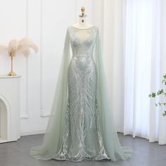 Luxury Dubai Mermaid Sage Green Evening Dress with Cape Sleeves: 2024 Blue Plus Size Women Wedding Party Gowns Plus Size Sage Green Dress, Mother Gown, Evening Dress With Cape, Dress With Cape Sleeves, Elegant Cape, Gown With Cape, Daughters Wedding