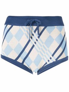 Blue/off white/navy checked knitted shorts from DODO BAR OR featuring check pattern, drawstring waist and contrasting trim. | Dodo Bar Or Checked Knitted Shorts Luxury Blue High Waist Shorts, Png Shorts, Luxury Short Blue Skirt, Blue H&m Shorts, Luxury High-waisted Blue Shorts, Luxury Denim Blue Shorts, Chanel Fashion Show, Lace Camisole, Mini Shorts