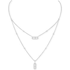 In a pavé version, this Move Uno necklace in 18 carats white gold is composed of two chains in different lengths for a fashionable layered effect. There is a Move Uno pavé motif at the end of each chain with a sliding brilliant-cut diamond inside that shimmers with the wearer’s every movement. Note the bezel-set diamonds on each chain. Reference : Move Uno 2 rows pavé diamond necklace 7174 Diamond weight : 0,50 carat, quality G/VS Lenght : 45 cm (5 retaining rings : 36/39/41/43/45cm) Move Uno 2 Long Diamond Necklace, Bvlgari Necklace, Designers Jewelry Collection, Pave Necklace, Diamond Jewel, Gold Diamond Necklace, Classy Jewelry, Bezel Set Diamond, Necklace Sizes