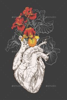 a drawing of a human heart with flowers in it's center on a blue background