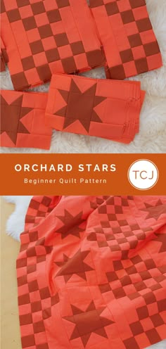 an orange and red quilt with stars on it, next to another photo of the pattern