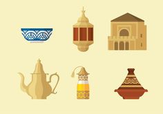 an image of different types of items in the style of flat design on beige background