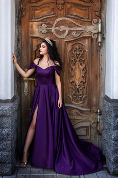 Purple satin prom dress. This dress has a lace-up corset fits several sizes with off the shoulder neckline. Long skirt with a right leg high slit is very comfortable for walking and dancing. Length of a train - 26 inches (65 sm). We sew this formal dress according to your individual measurements! You can order it as a wedding dress with a tulle veil. You can also choose any color of the satin. Shipping Free shipping Worldwide with UkrPoshta - 7-21 business days. Express shipping with UPS - 5-7 b Violet Wedding Dress, Off Shoulder Prom Dress, Prom Dress With Train, Violet Wedding, Purple Wedding Dress, Off Shoulder Evening Dress, Princess Prom Dresses