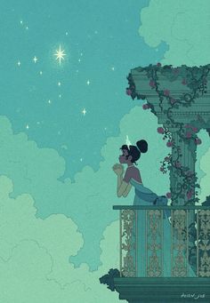 the princess and the frog is sitting on a balcony looking up at the stars in the sky