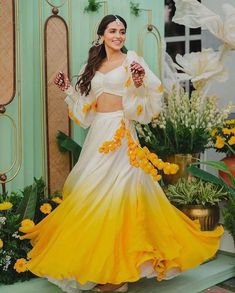 Outfits That Made Us Stop And Ask 'Who Is The Designer?' | WedMeGood Haldi Theme Dress, Mehandi Dresses For Brides, Mehandi Theme, Dress For Haldi Function, Haldi Outfits For Bride, Haldi Dress For Bride, Haldi Dress Ideas, Haldi Outfit For Bride, Haldi Ceremony Outfit