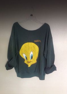 Oversized off the shoulder Tweety bird sweatshirt Tweety Pie, Grunge Sweatshirt, Looney Tunes Tweety, Recycled T Shirts, Off The Shoulder Sweater, Tweety Bird, Pinterest Outfits, Every Thing, Oversized Sweatshirt