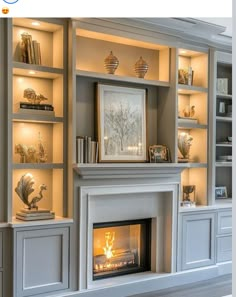 a living room with a fire place and bookcases