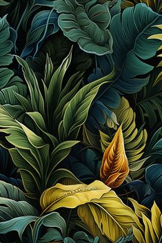 a painting of green and yellow leaves