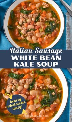 two bowls of italian sausage white bean kale soup with spinach and carrots