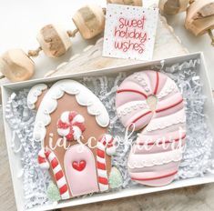 two decorated gingerbread cookies in a box