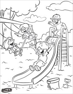 a coloring page with children playing on a slide