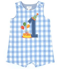 a blue and white checkered birthday outfit with the number one on it's chest