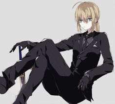 an anime character sitting on the ground with her legs spread out and wearing black clothes