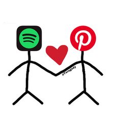 two stick figures holding hands with a red heart in the middle and a green pin on top