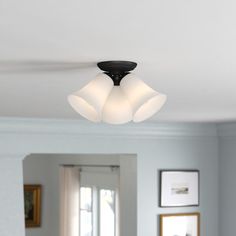 a ceiling light in a living room with pictures on the wall