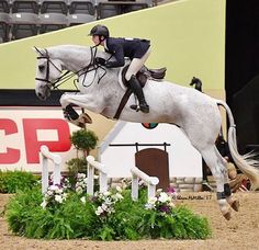 a woman riding on the back of a white horse over an obstacle at a horse show